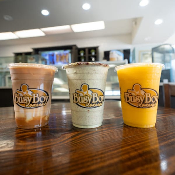 Three Busy Boy Mediterranean Grill & Cafe drinks: caramel, cookies and cream, and mango smoothies.