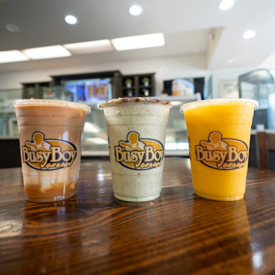 Three Busy Boy Mediterranean Grill & Cafe drinks: caramel, cookies and cream, and mango smoothies.