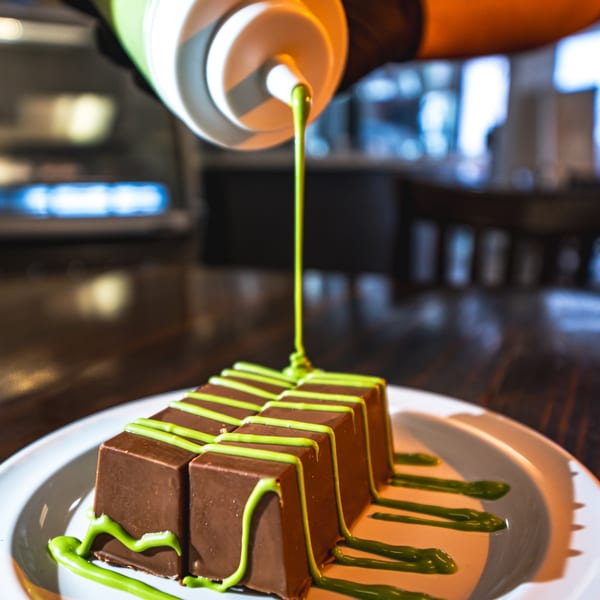 Green sauce being drizzled from a bottle onto four rectangular chocolate desserts on a white plate.